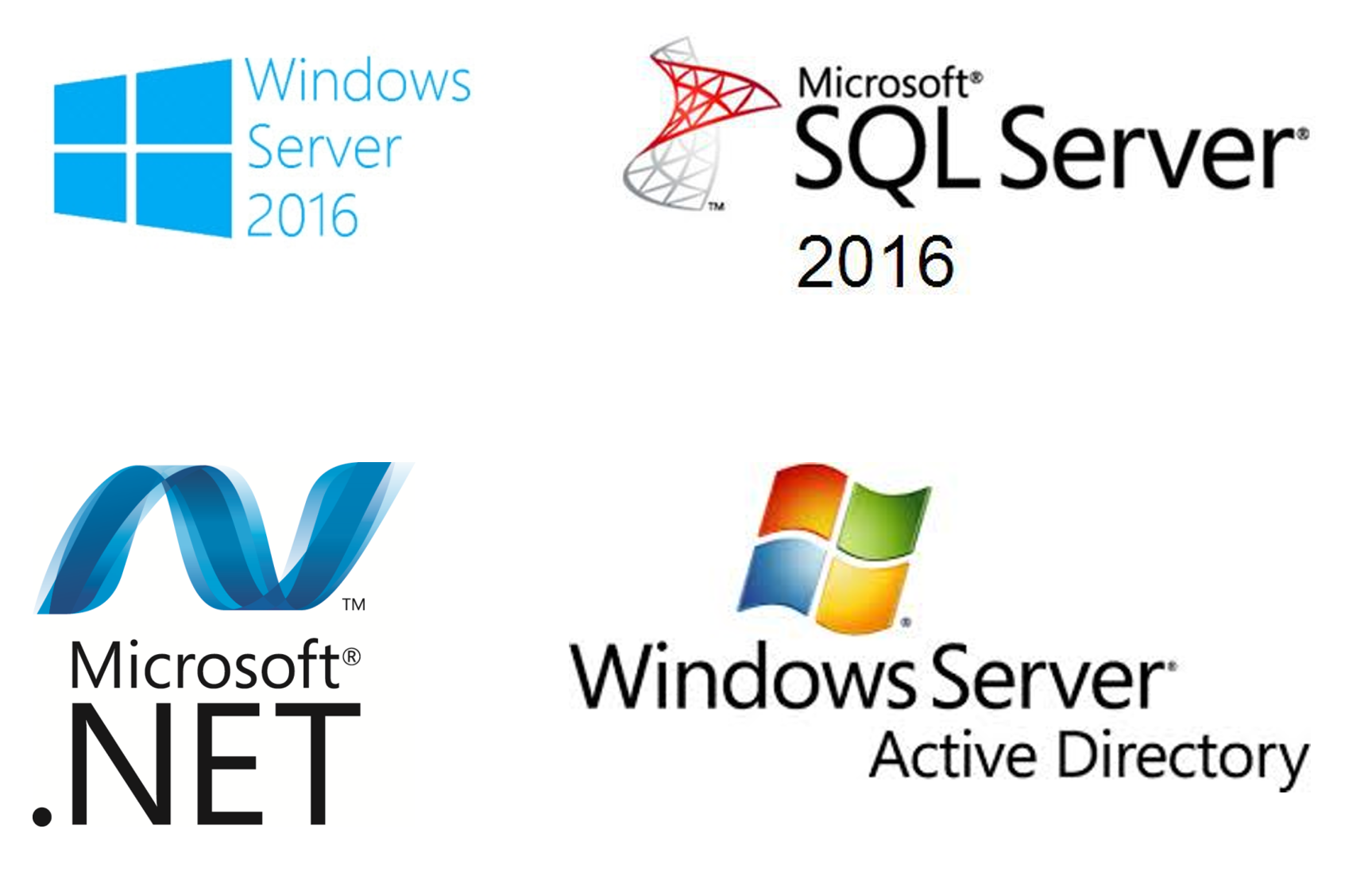 Logos Microsoft: Windows Server 2016, SQL Server 2016, Microsoft.NET, Active Directory