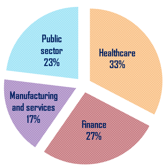 Our clients pie chart, by business sector : Healthcare 33%, Finance 27%, Public sector 23%, Manufacturing and services 17%